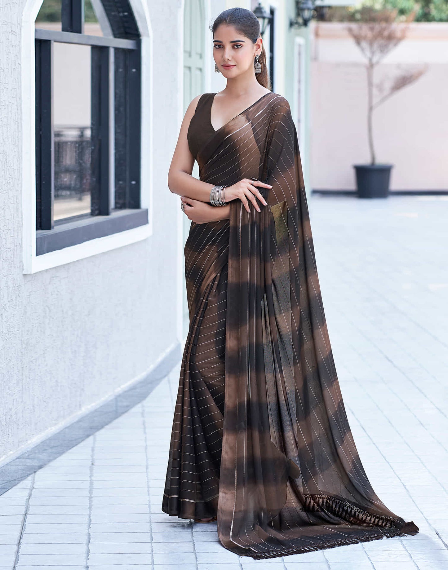 Brown Georgette Printed Leheriya Saree