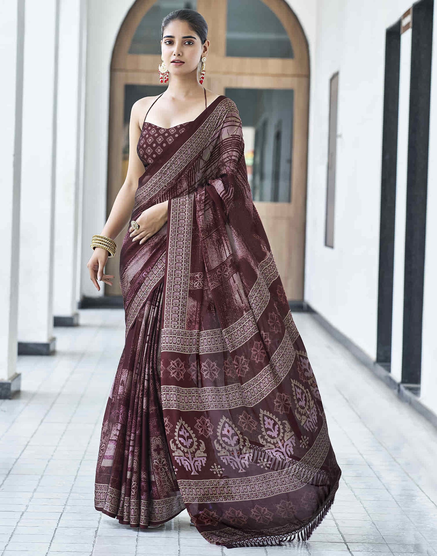 Maroon Georgette Printed Saree