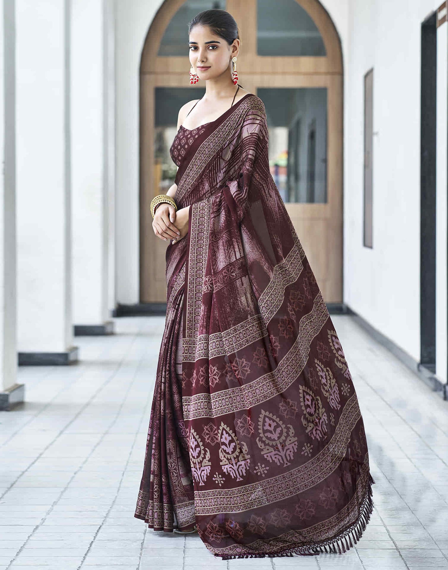 Maroon Georgette Printed Saree