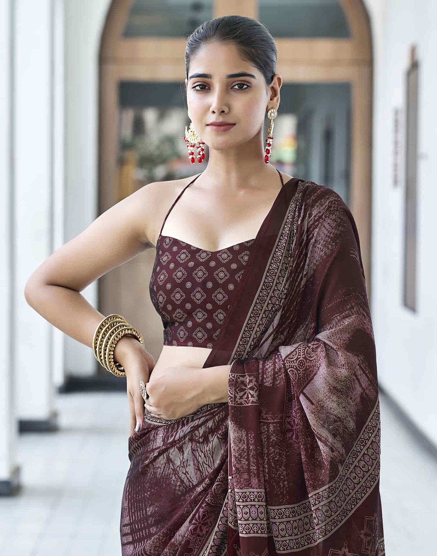 Maroon Georgette Printed Saree
