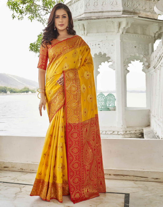 Yellow Banarasi Woven Silk Saree