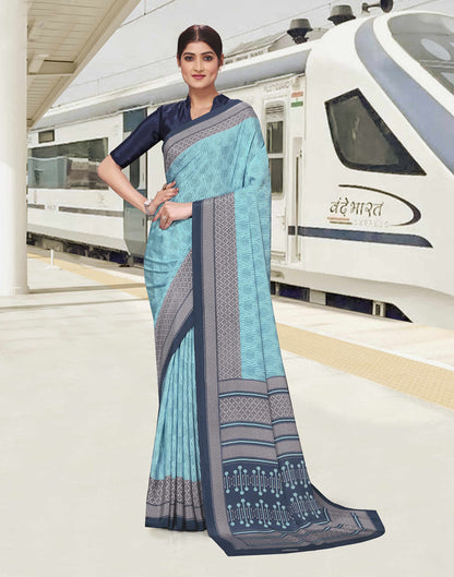 Sky Blue Polyester Printed Saree