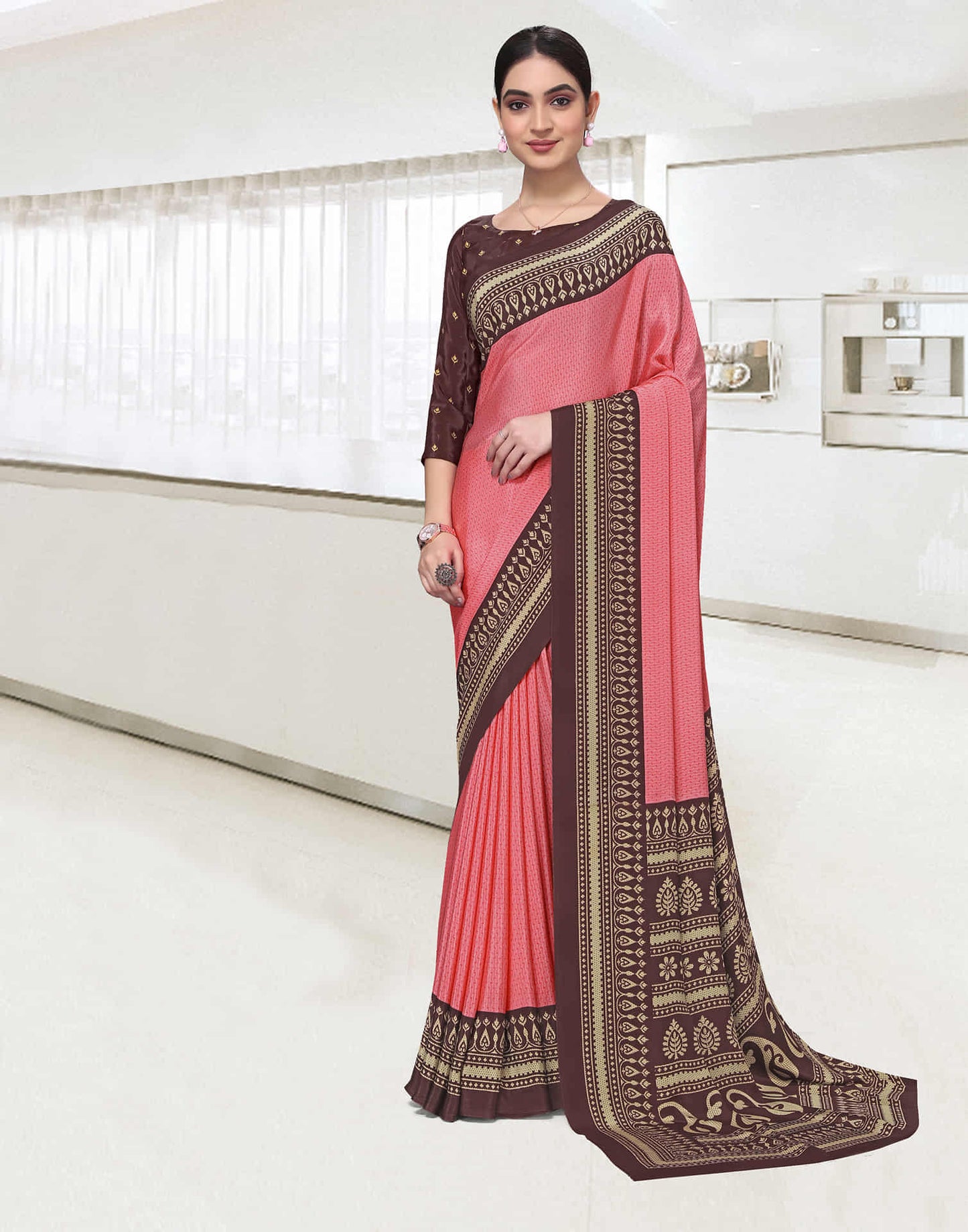 Rose Pink Polyester Printed Saree