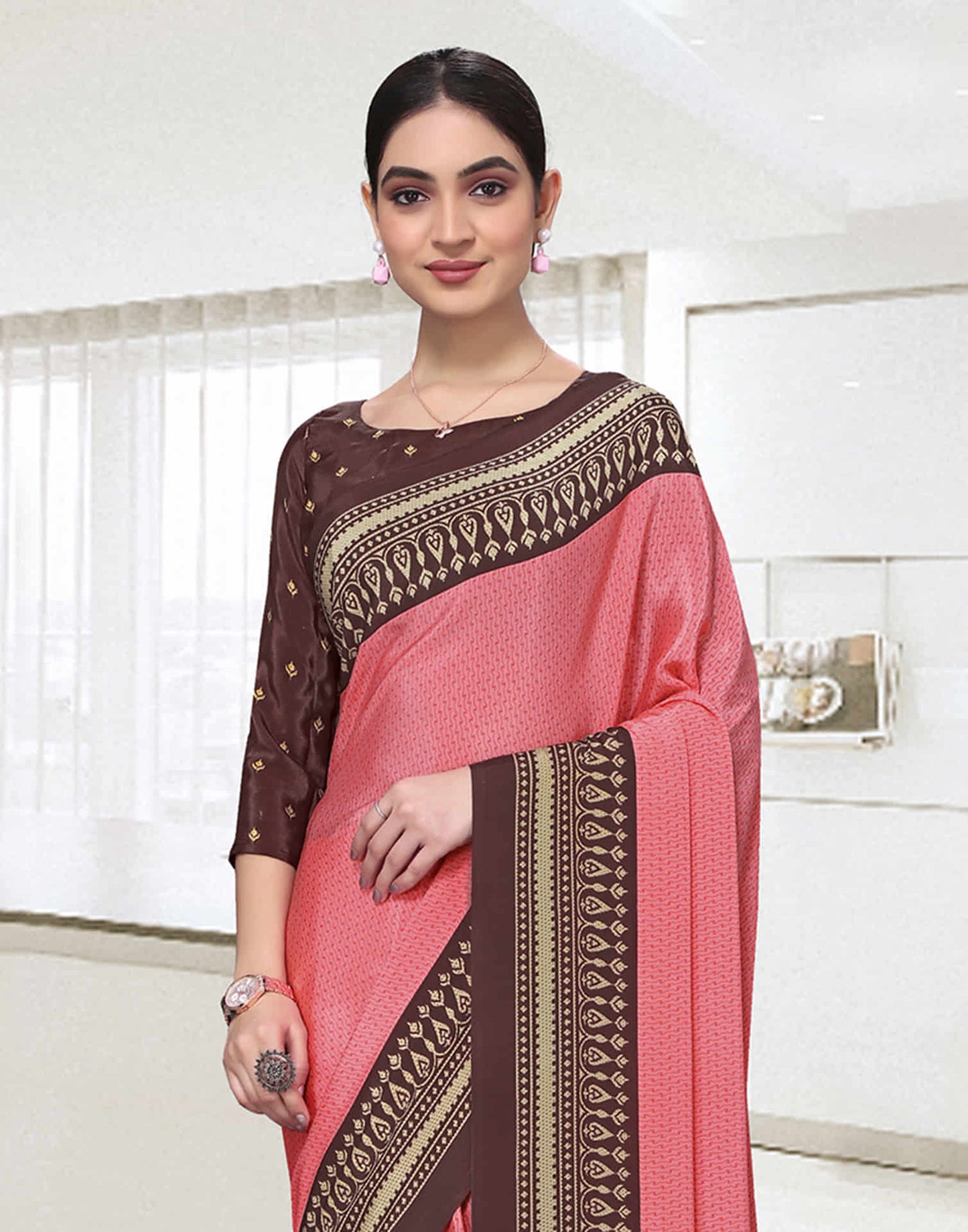Rose Pink Polyester Printed Saree