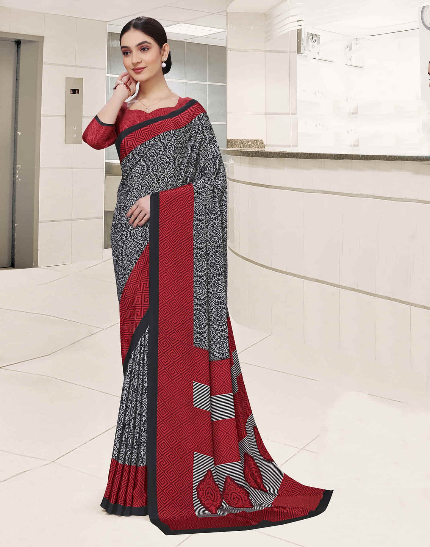 Grey Polyester Printed Saree