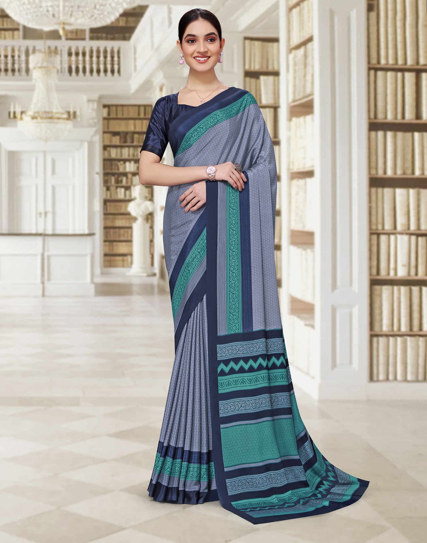 Dusty Blue Polyester Printed Saree
