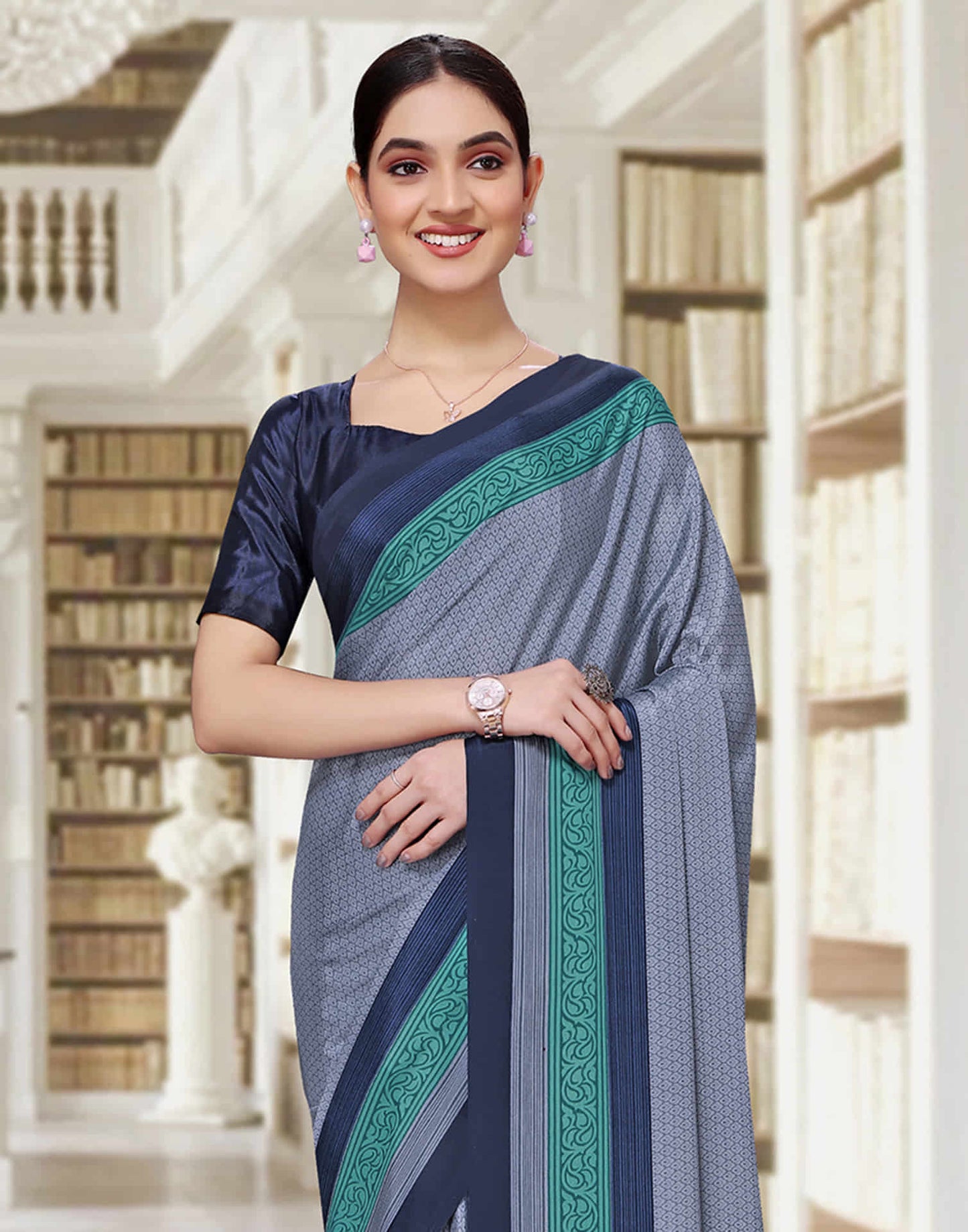 Dusty Blue Polyester Printed Saree