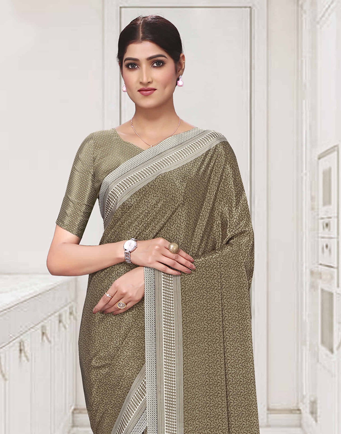 Khaki Polyester Printed Saree