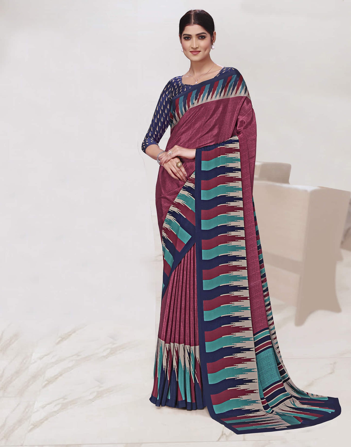 Dark Dusty Pink Polyester Printed Saree