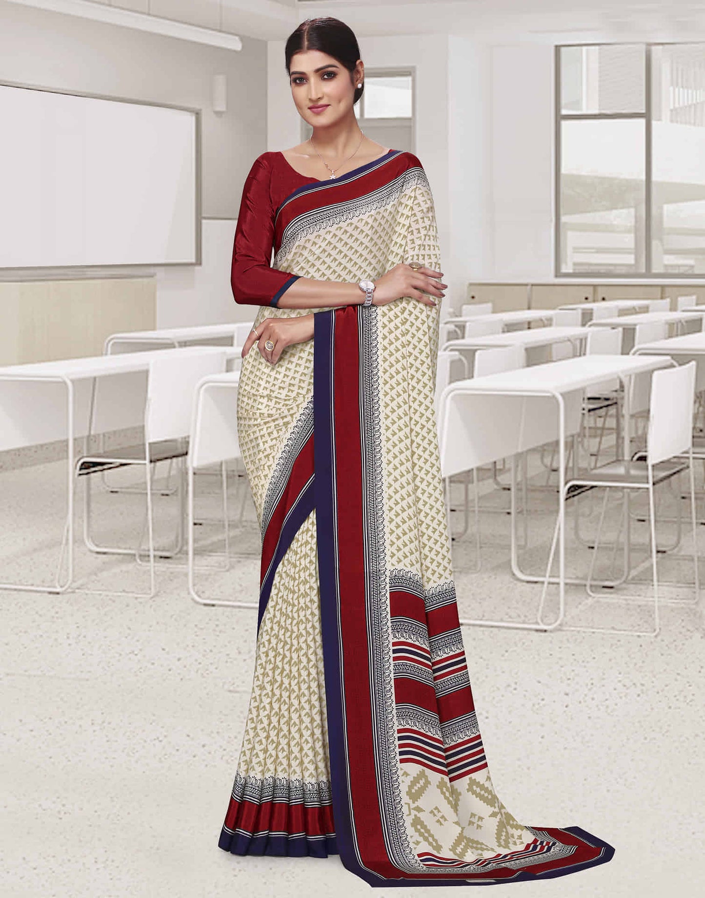 Cream Polyester Printed Saree