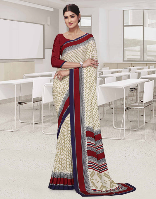 Cream Polyester Printed Saree