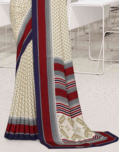 Cream Polyester Printed Saree