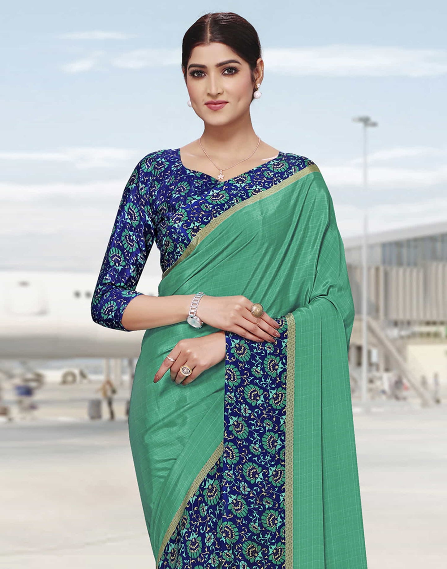 Teal Green Polyester Printed Saree