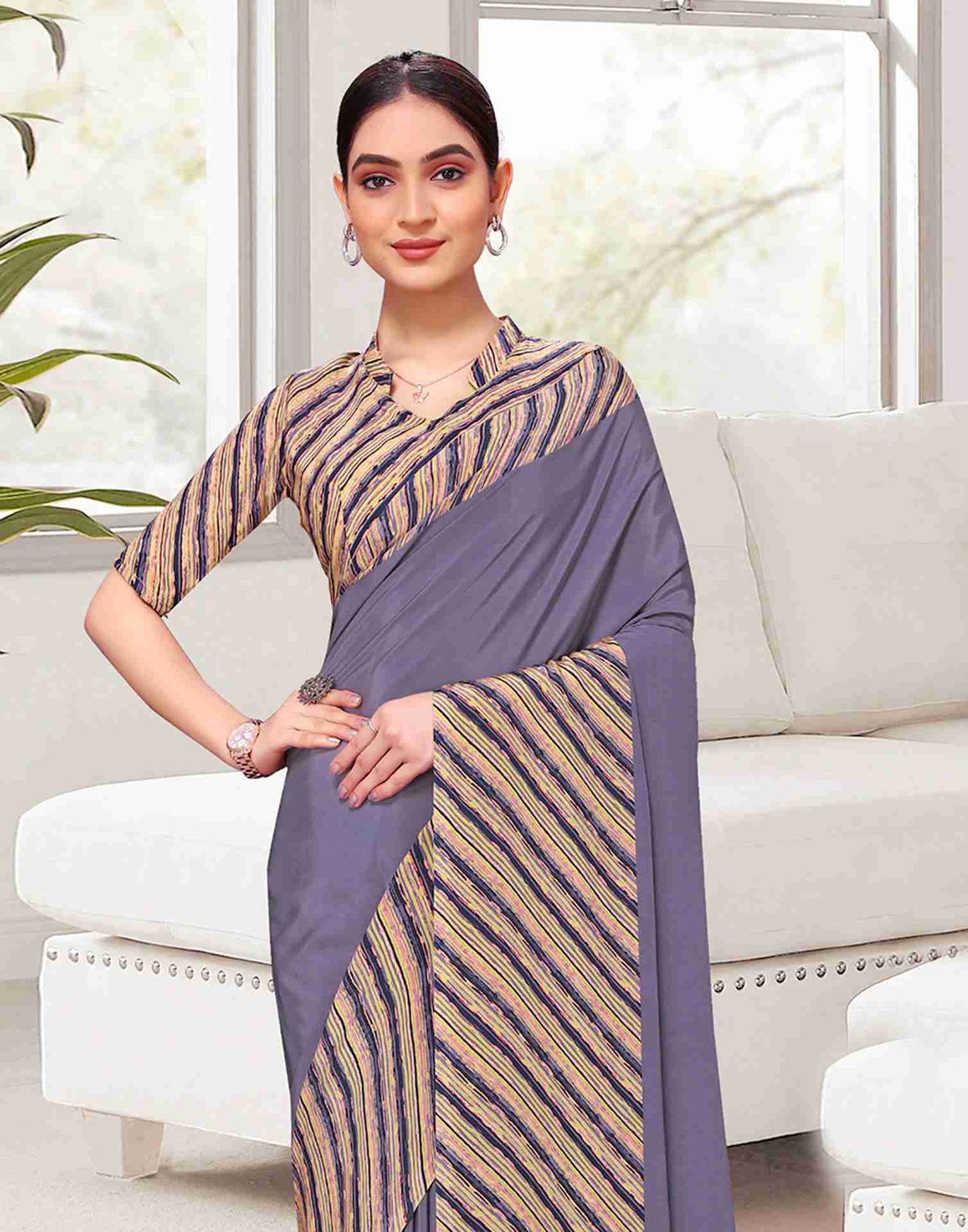 Dusty Purple Polyester Geometric Printed Saree
