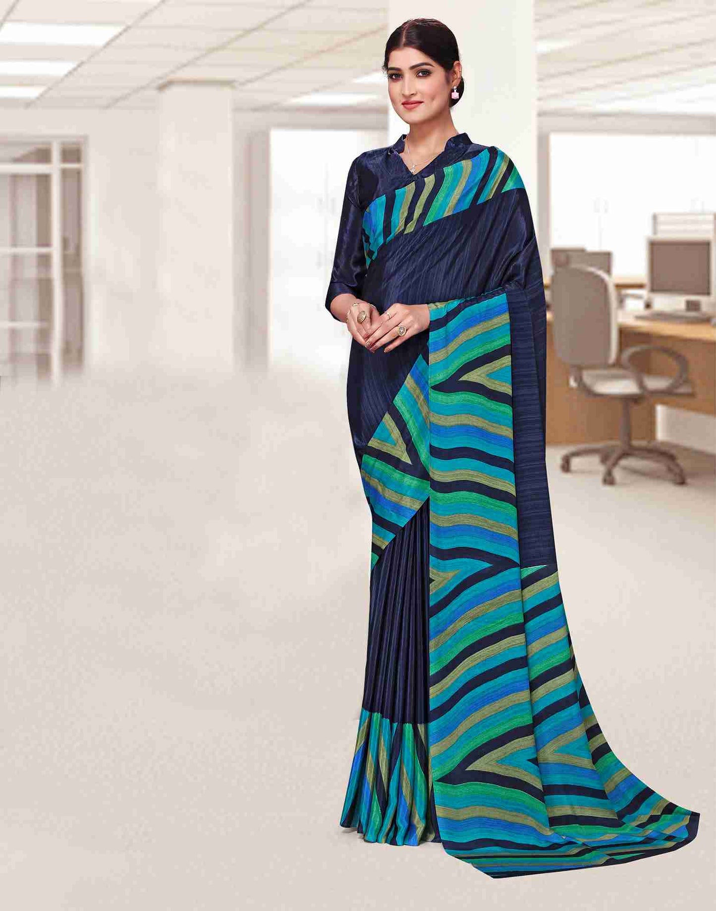 Navy Blue Polyester Geometric Printed Saree