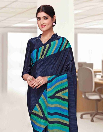 Navy Blue Polyester Geometric Printed Saree