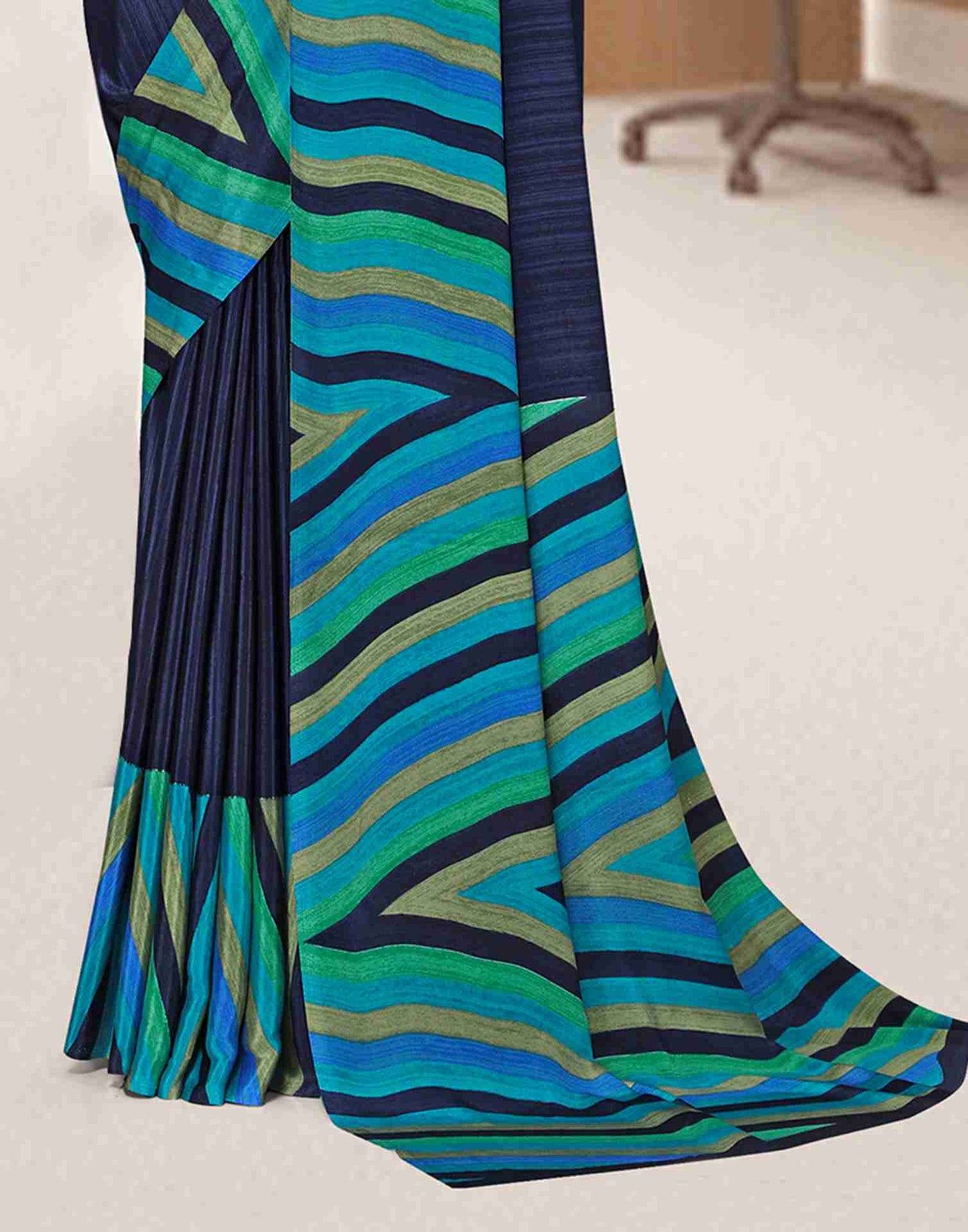 Navy Blue Polyester Geometric Printed Saree