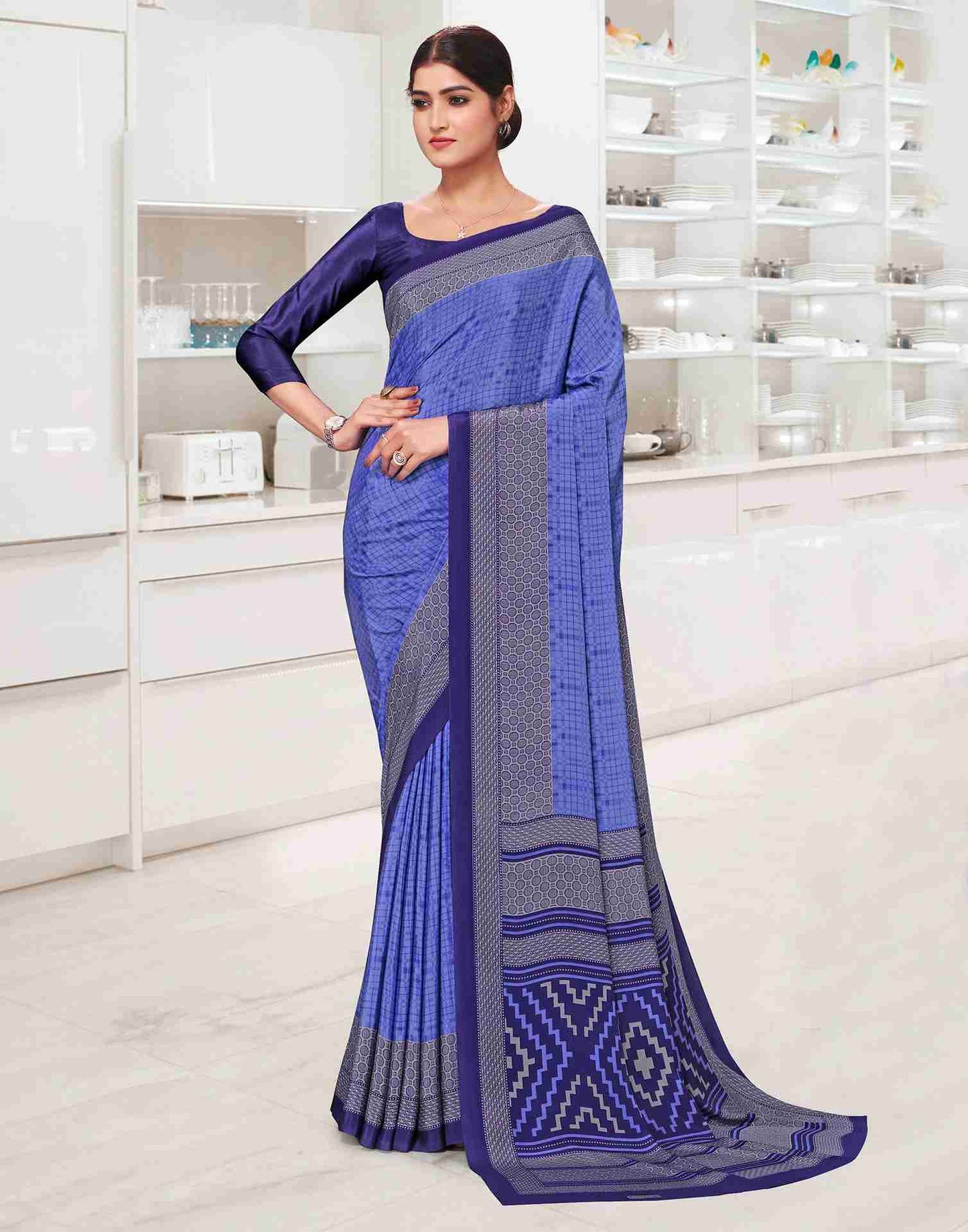 Blue Polyester Geometric Printed Saree