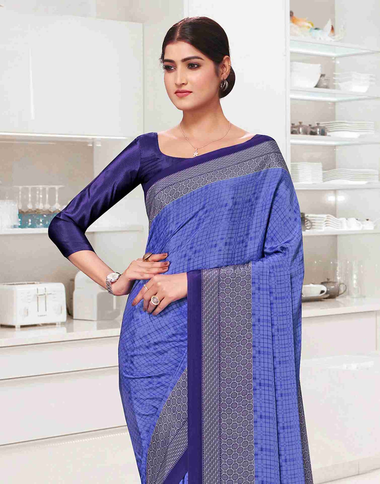 Blue Polyester Geometric Printed Saree