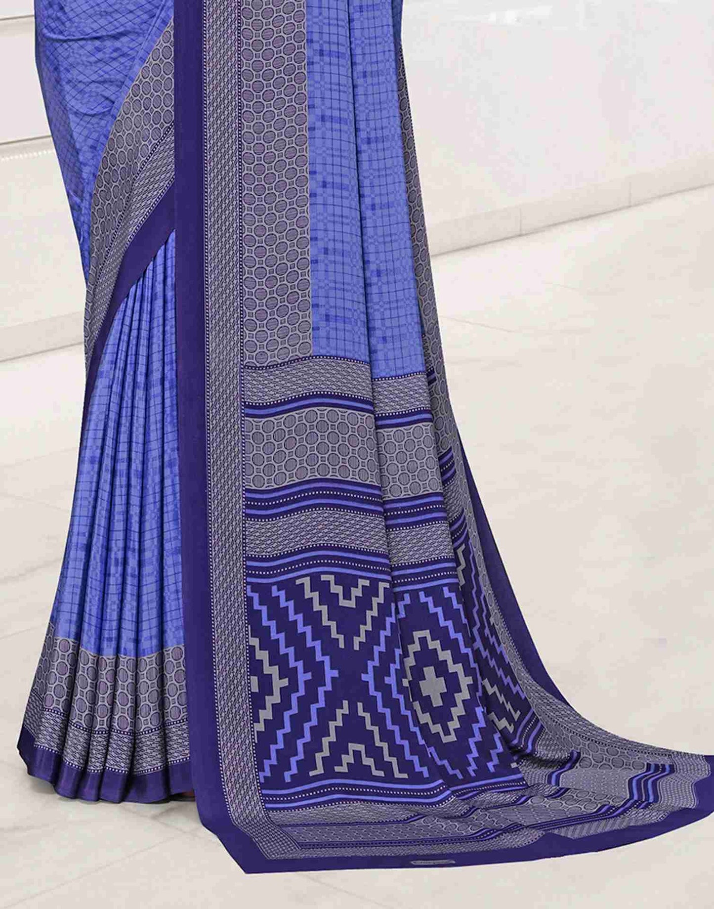 Blue Polyester Geometric Printed Saree