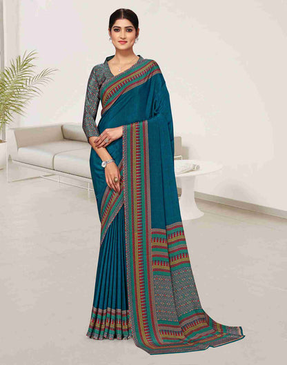 Rama Blue Polyester Geometric Printed Saree