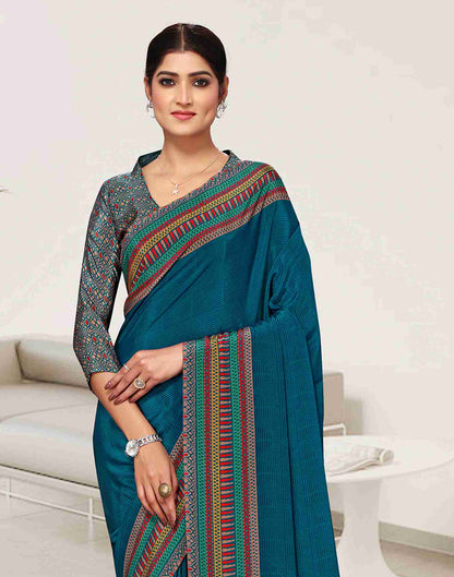 Rama Blue Polyester Geometric Printed Saree