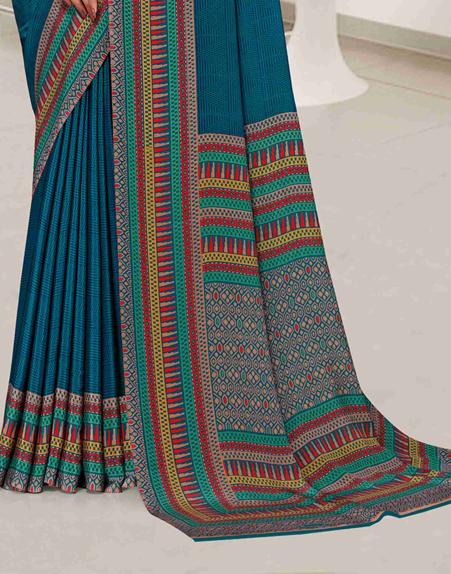 Rama Blue Polyester Geometric Printed Saree