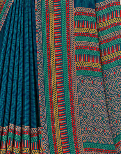 Rama Blue Polyester Geometric Printed Saree
