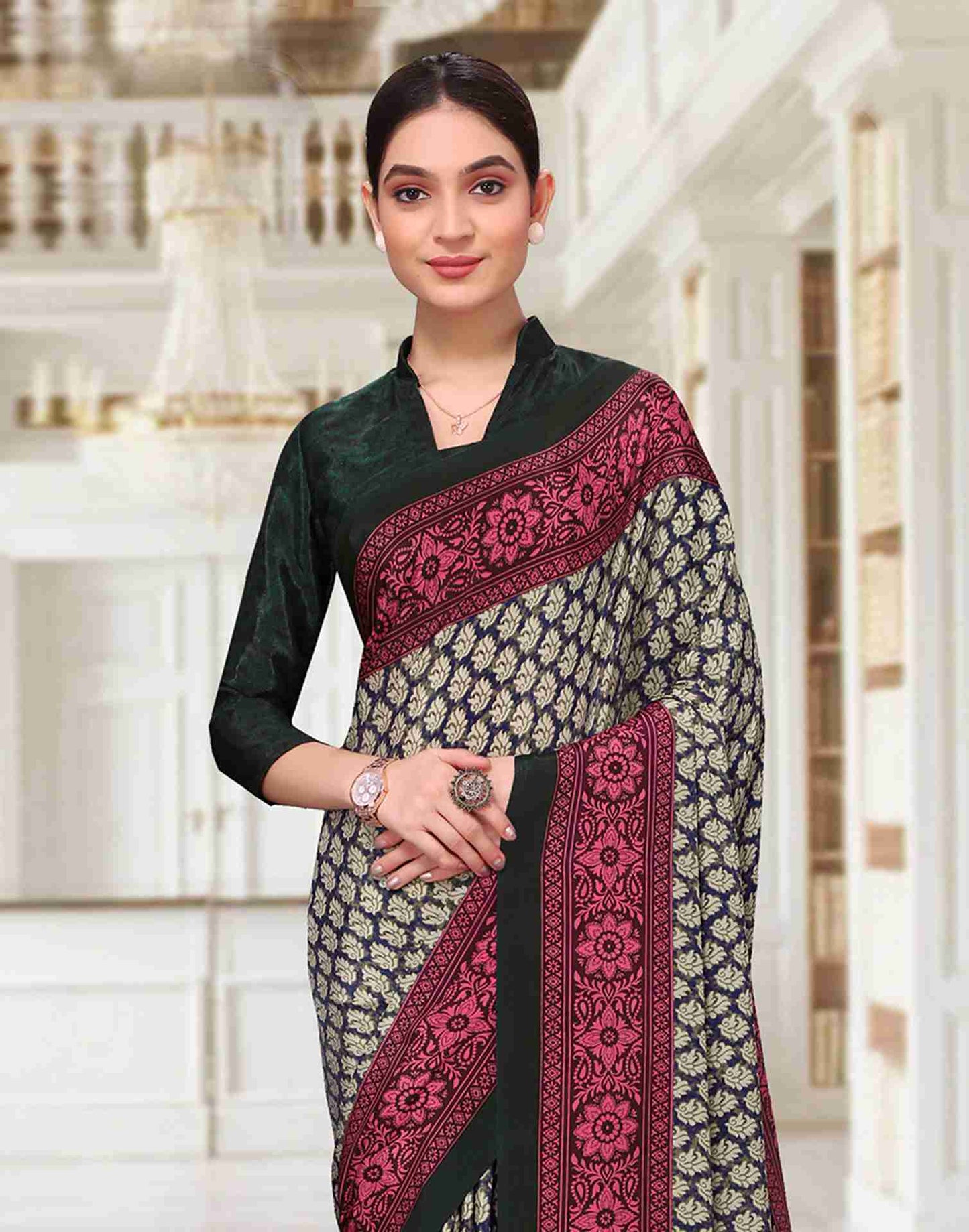 Beige Polyester Printed Saree
