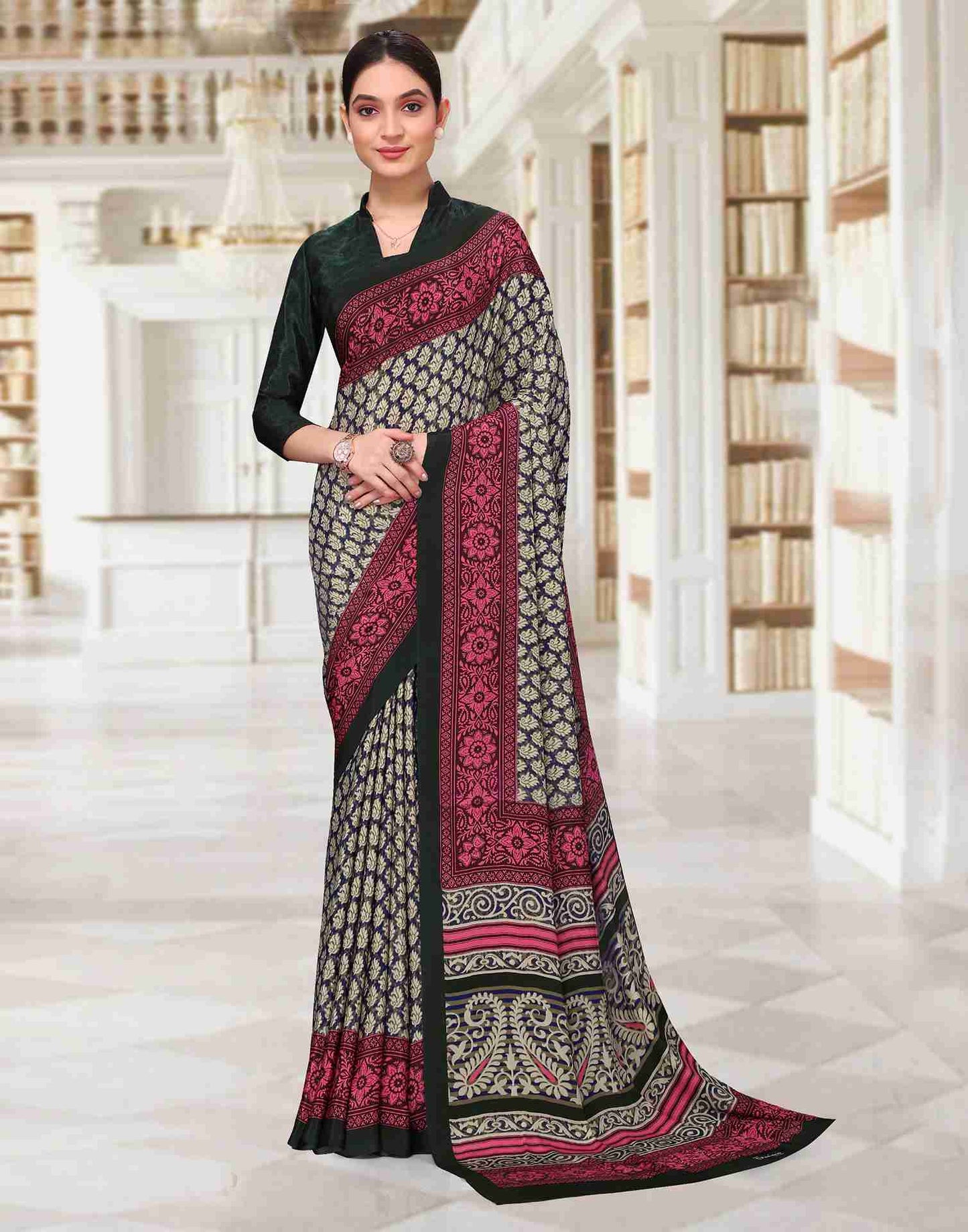Beige Polyester Printed Saree