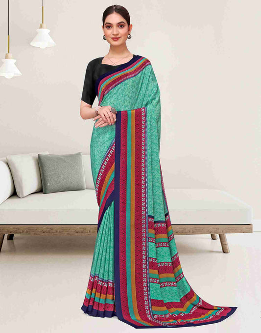 Turquoise Polyester Geometric Printed Saree