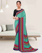 Turquoise Polyester Geometric Printed Saree