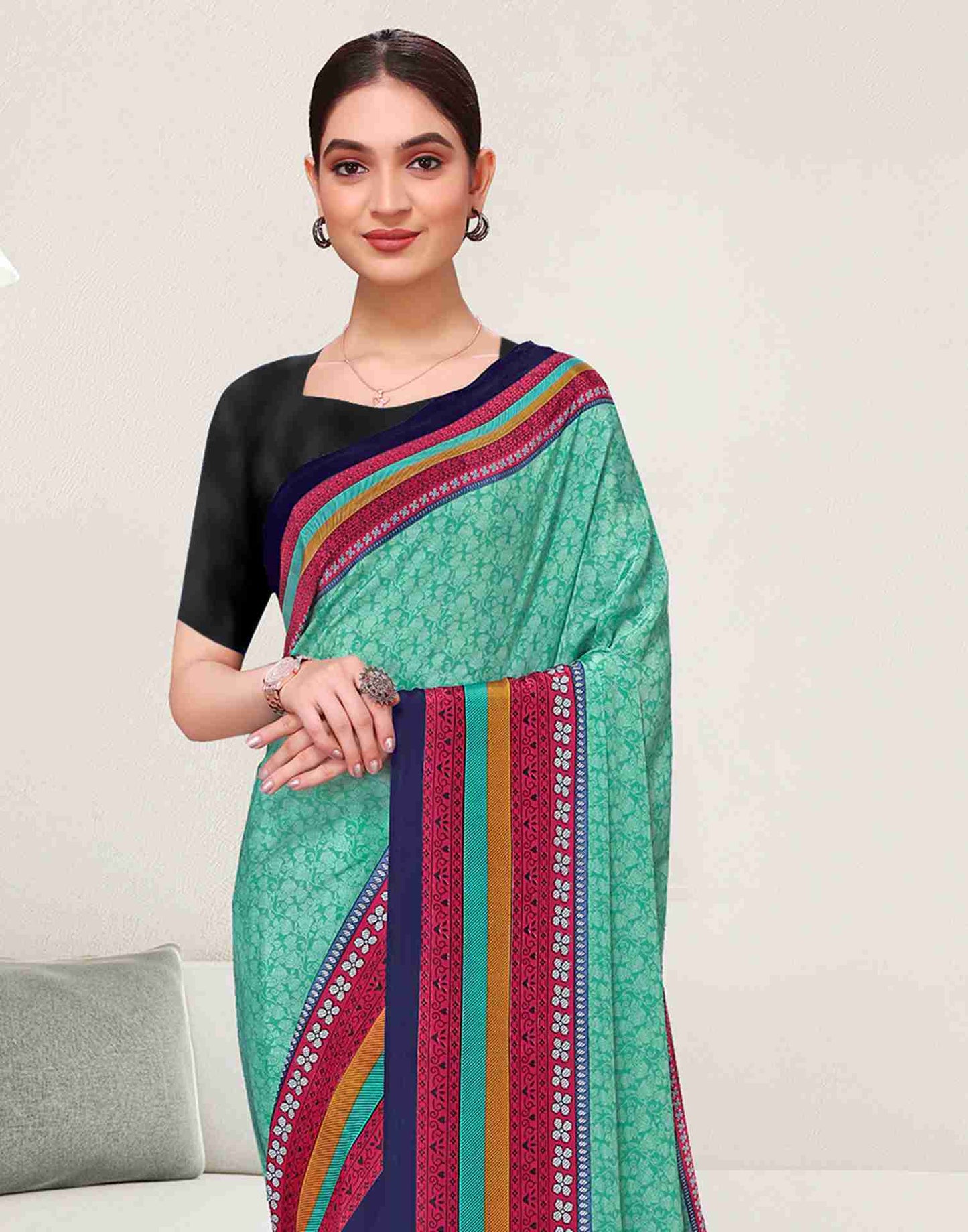 Turquoise Polyester Geometric Printed Saree