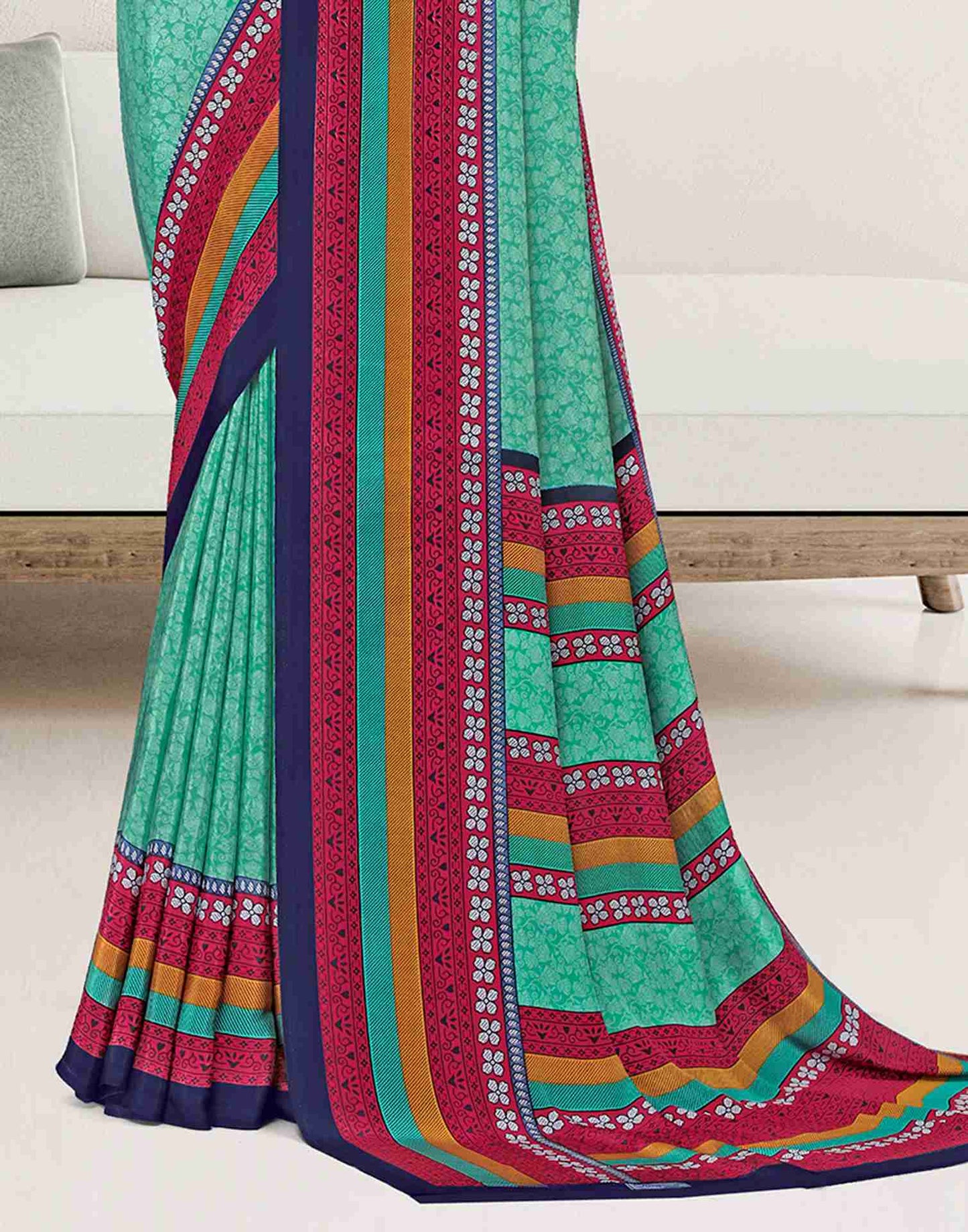 Turquoise Polyester Geometric Printed Saree