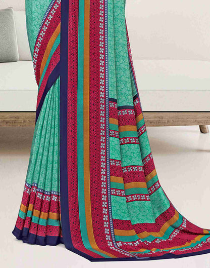 Turquoise Polyester Geometric Printed Saree