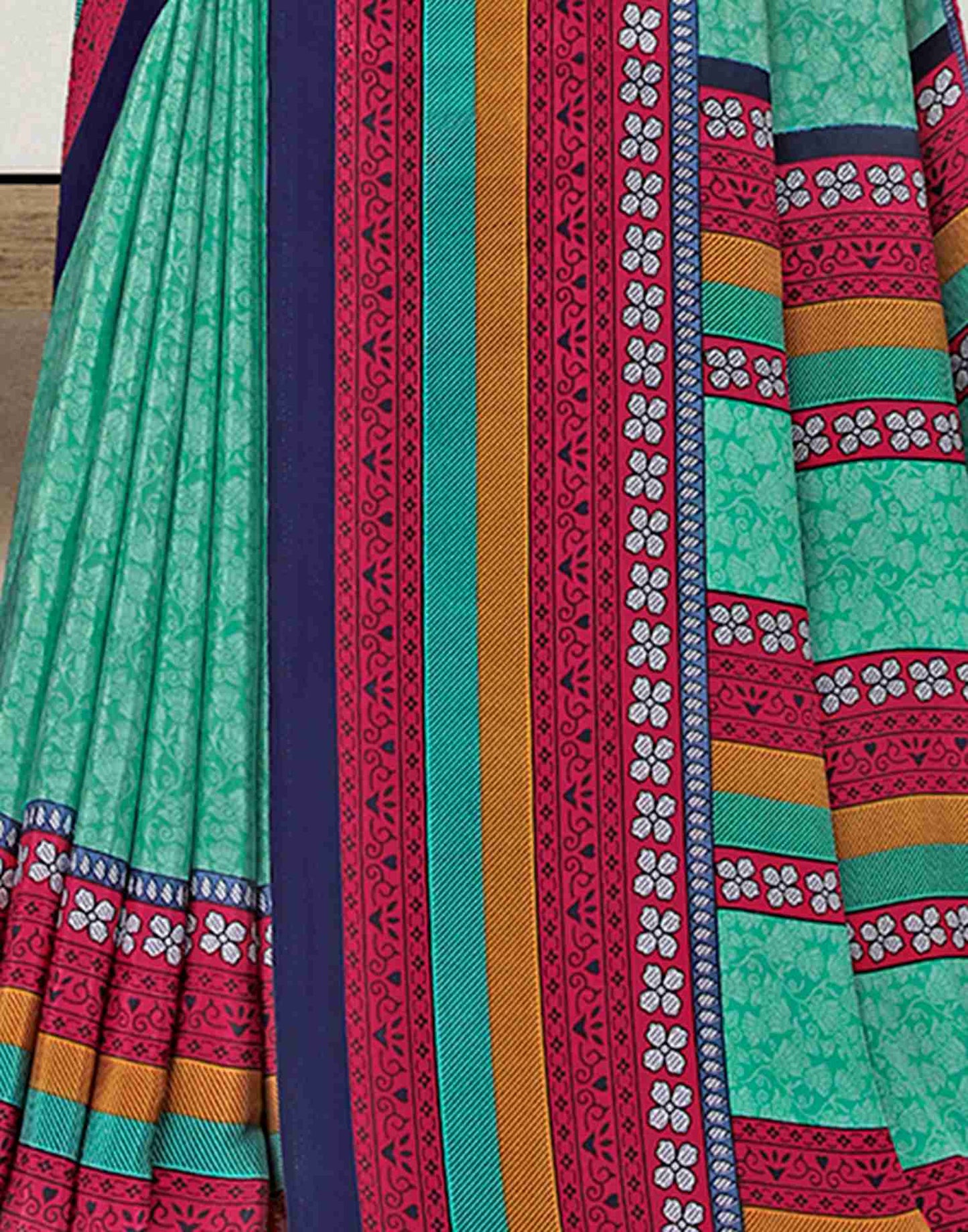 Turquoise Polyester Geometric Printed Saree