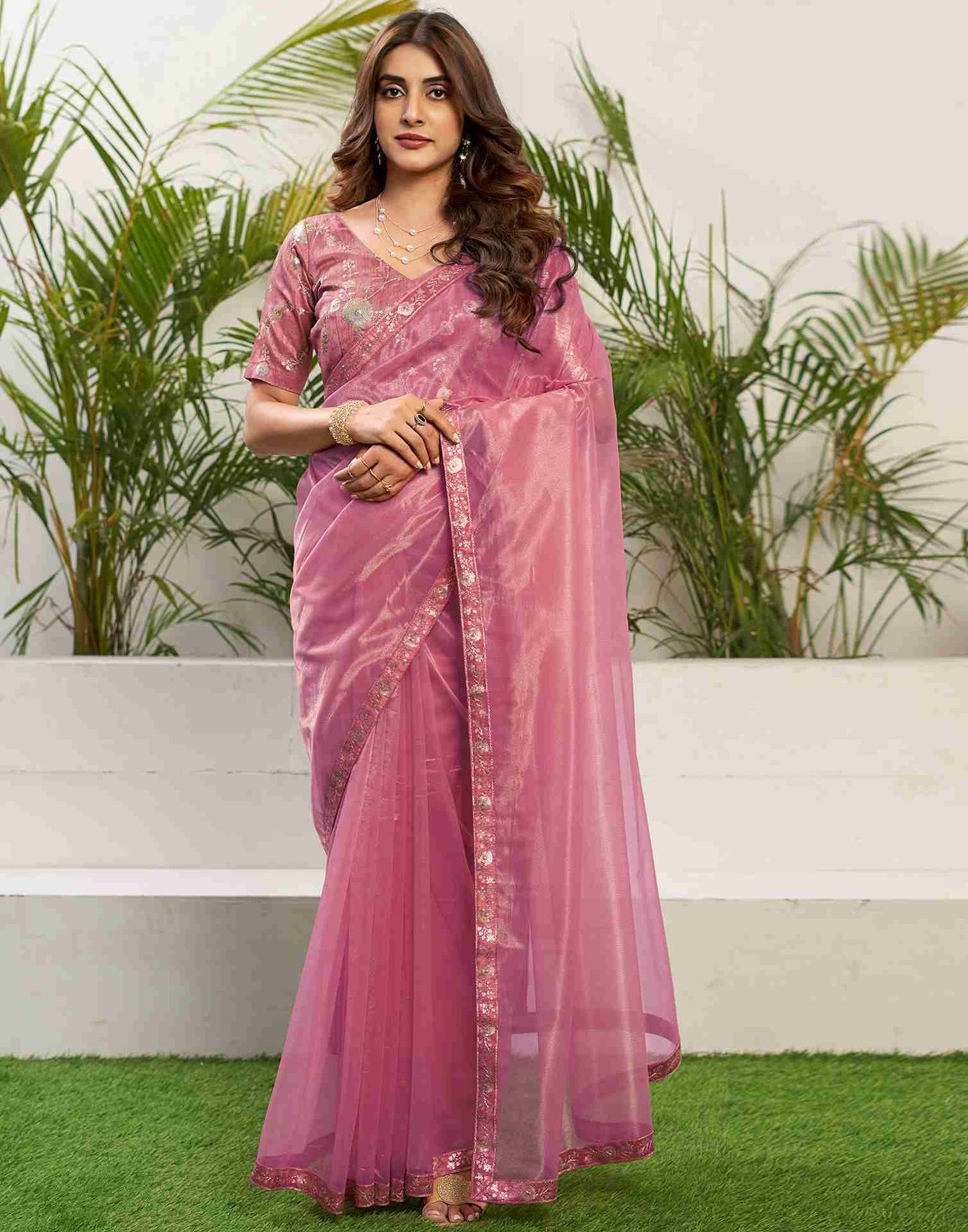 Light Pink Net Embroidery Plain Saree