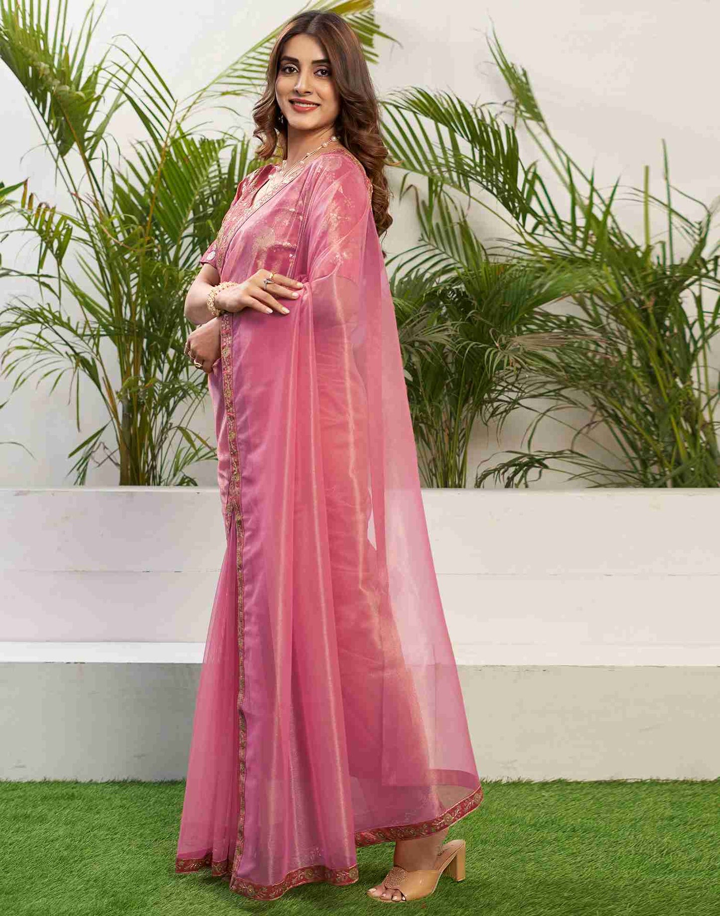 Light Pink Net Embroidery Plain Saree