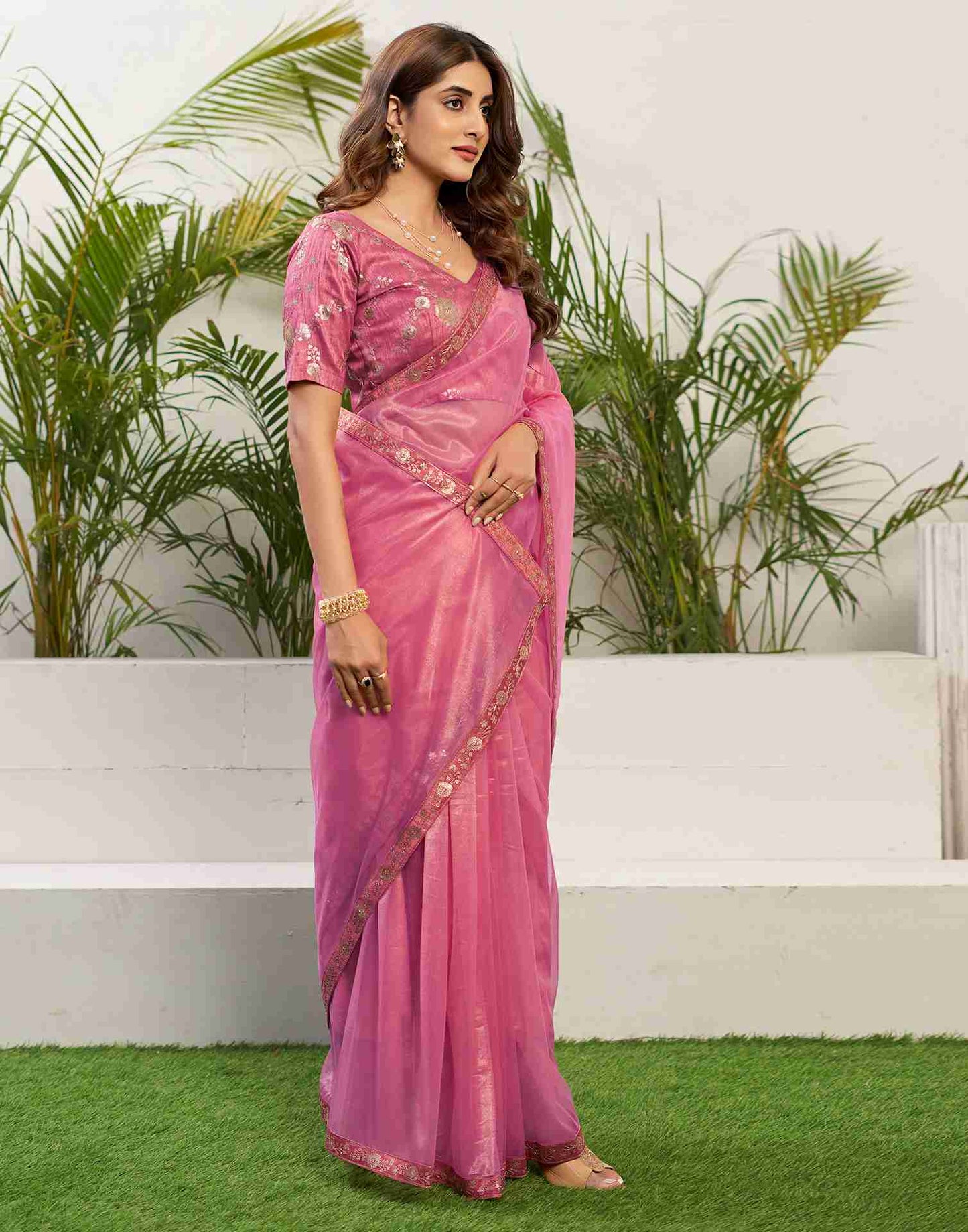 Light Pink Net Embroidery Plain Saree
