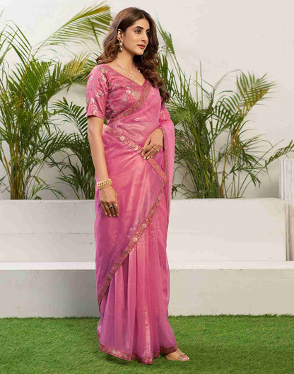 Light Pink Net Embroidery Plain Saree