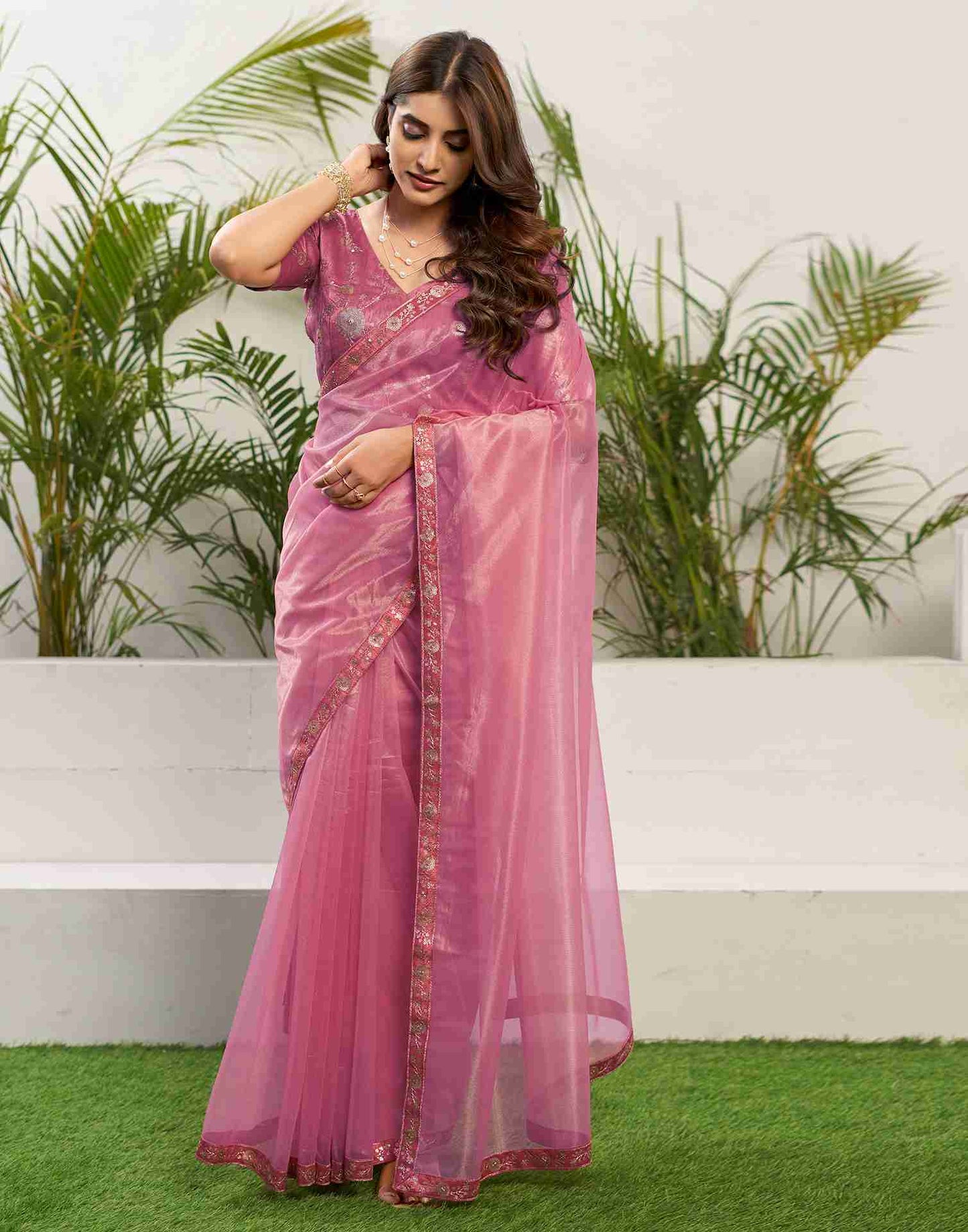 Light Pink Net Embroidery Plain Saree