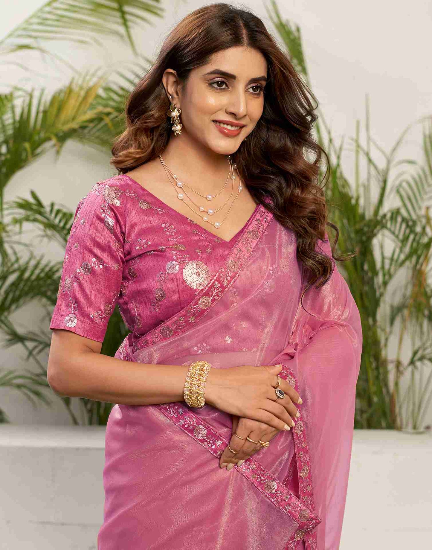 Light Pink Net Embroidery Plain Saree
