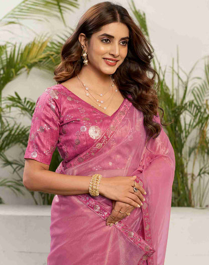 Light Pink Net Embroidery Plain Saree
