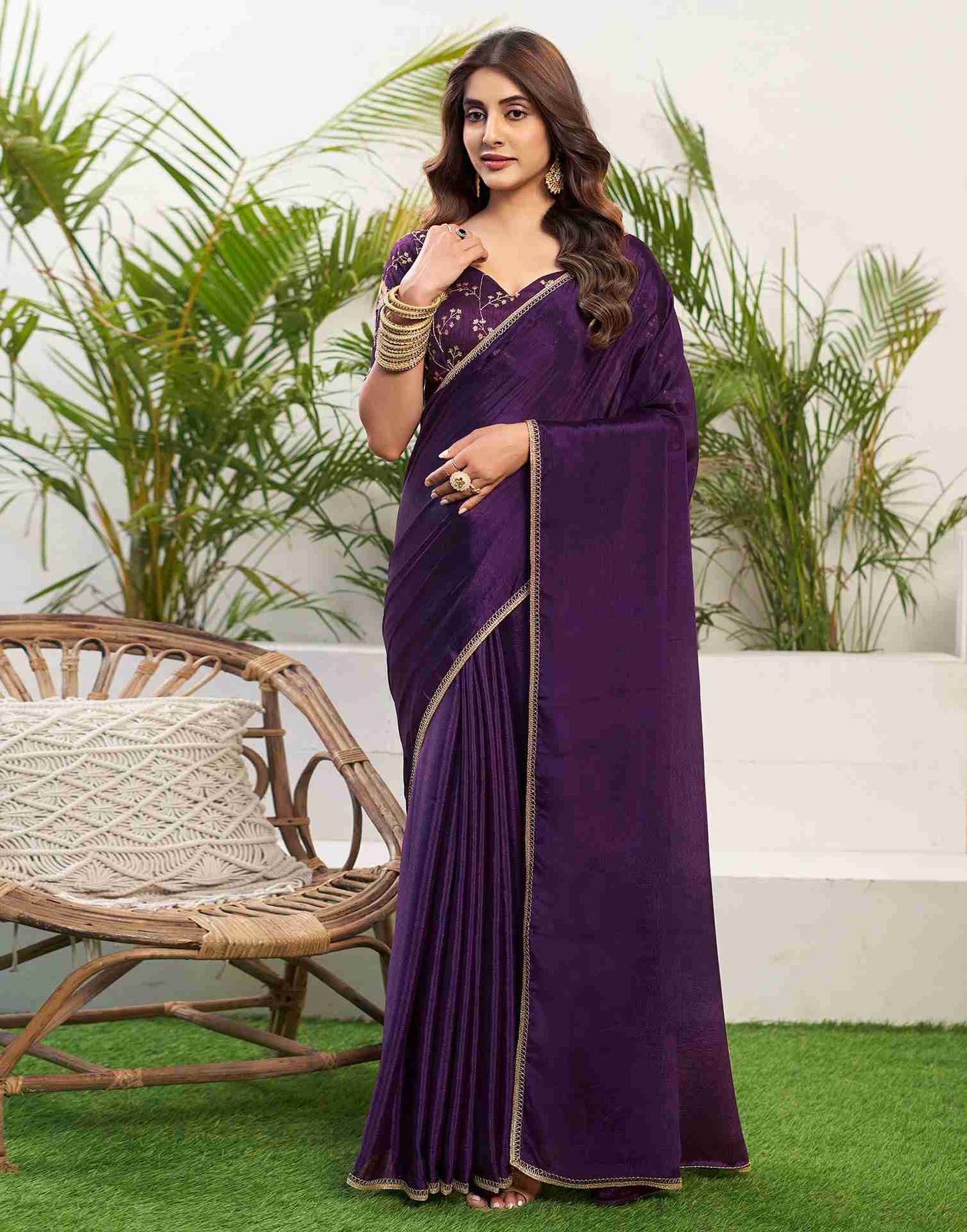 Deep Purple Chiffon Plain Saree