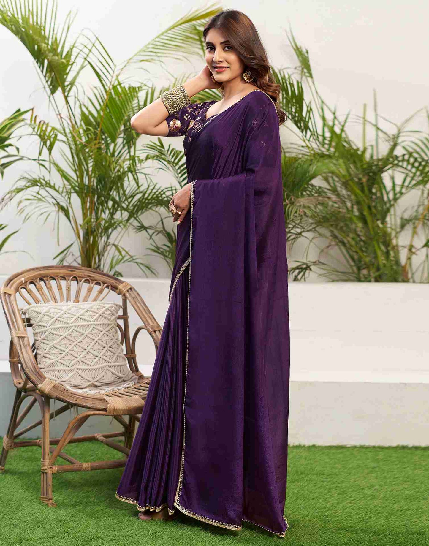 Deep Purple Chiffon Plain Saree