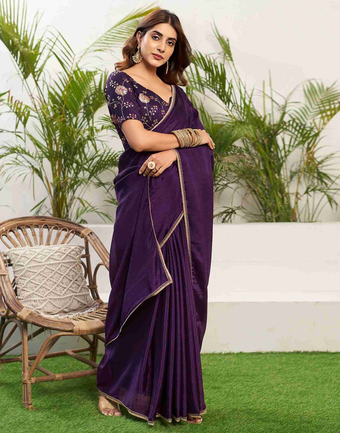 Deep Purple Chiffon Plain Saree