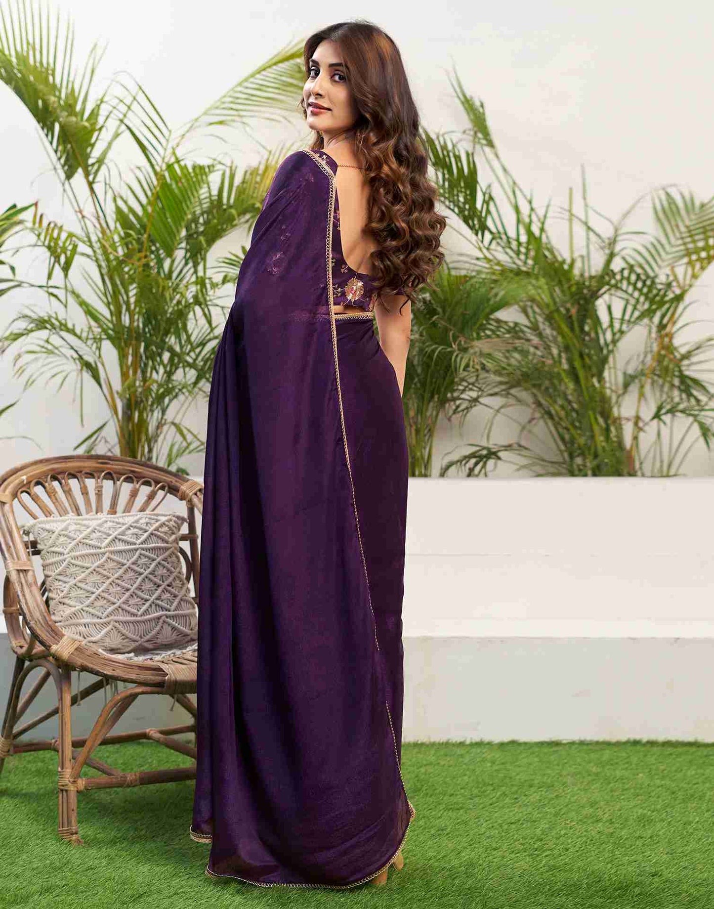 Deep Purple Chiffon Plain Saree