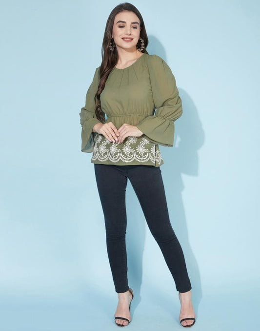 Olive Green Embroidered Top | Leemboodi