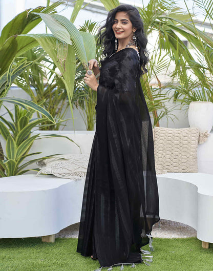 Black Chiffon Zari Plain Saree