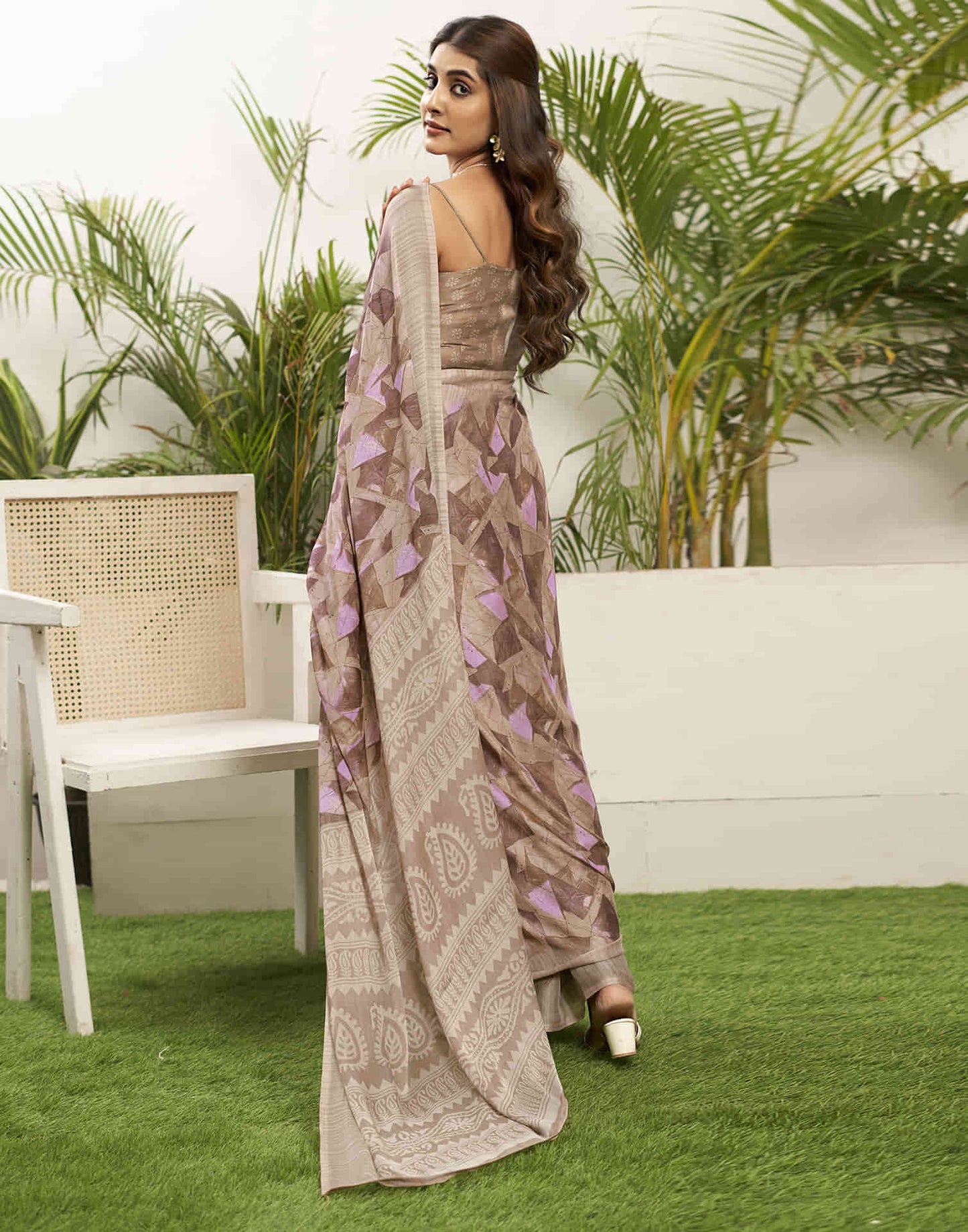 Beige Chiffon Printed Saree